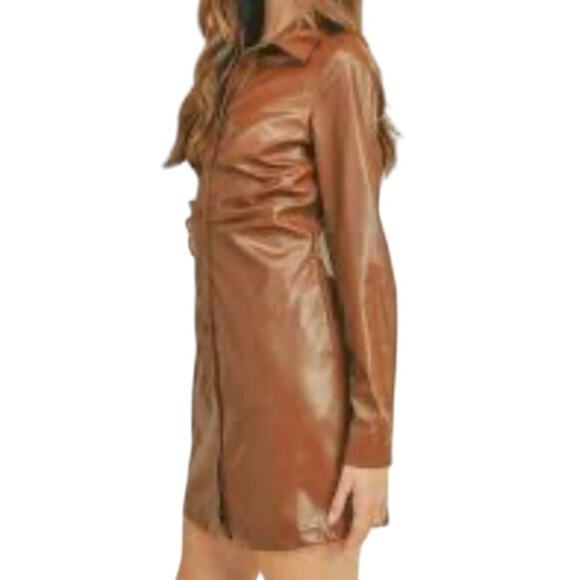 🆕 &merci Vegan Leather Mini Dress Caramel Brown Long Sleeves NWT Size M - Picture 8 of 12